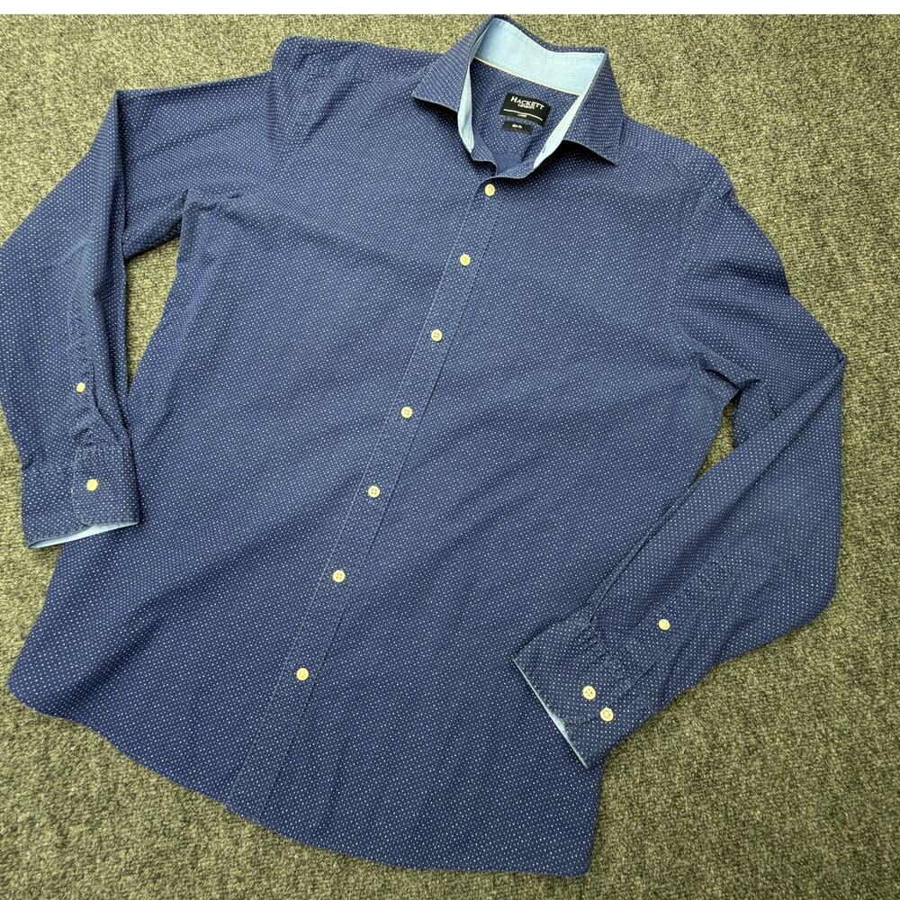Hackett London Shirt Mens Large Slim Fit Navy Blue Micro Dot 100% Cotton